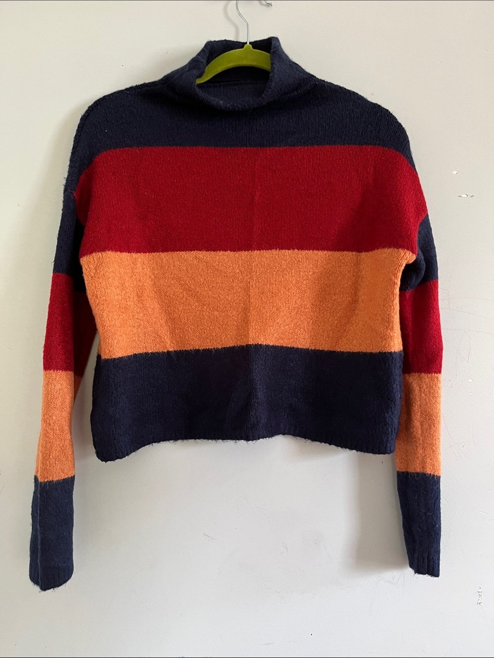 Striped Cowl Neck Sweater in Navy, Red & Orange